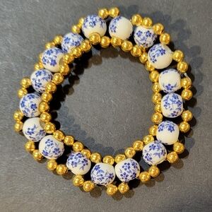 Gold and Blue Floral Beaded Bracelet